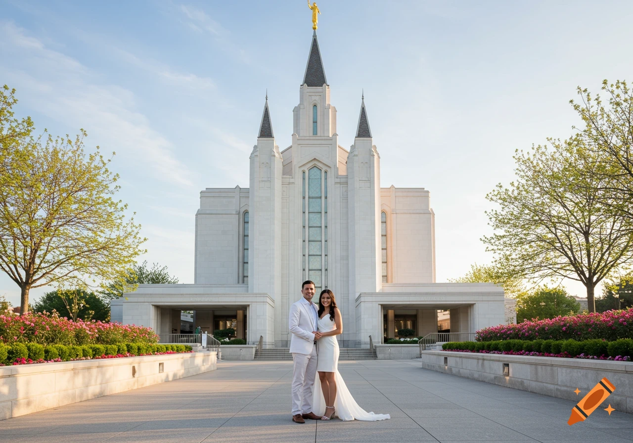 A smiling couple stands on a plaza in front of a large, white temple with spires and a golden statue on top.