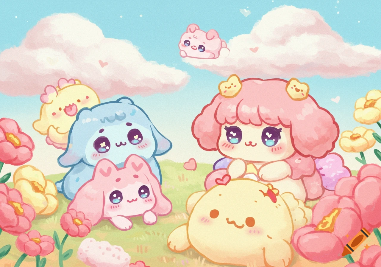 An illustration of cute, fluffy pastel creatures sitting and floating among pink and yellow flowers under a blue sky with clouds.
