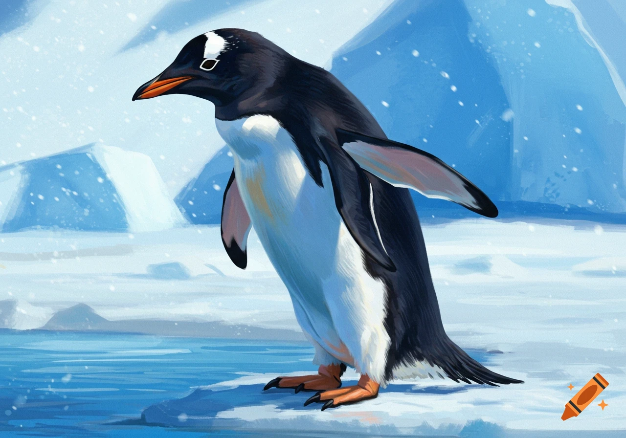 An illustration of a penguin standing on snow near water with mountains in the background.