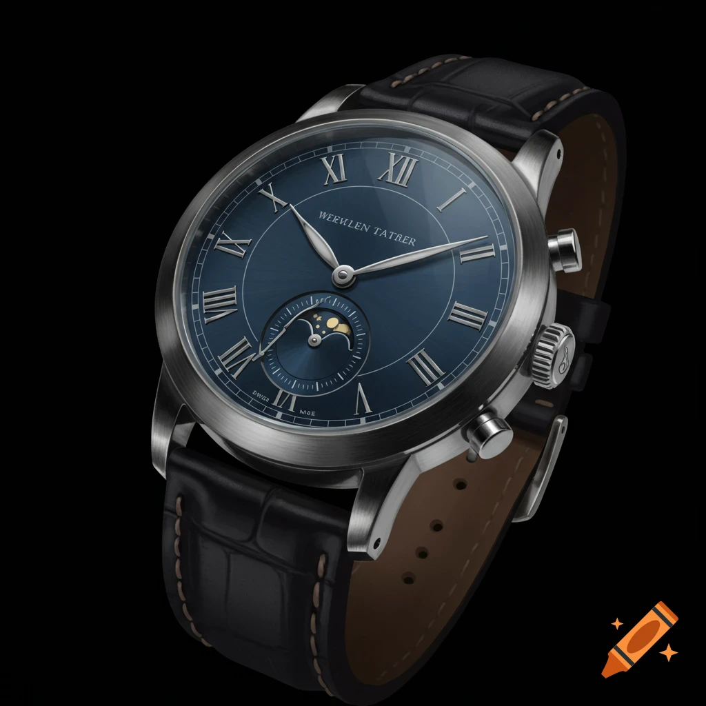 Close-up of a luxury wristwatch with a blue face, roman numerals, moon phase complication, silver case, and black leather strap on a black background.