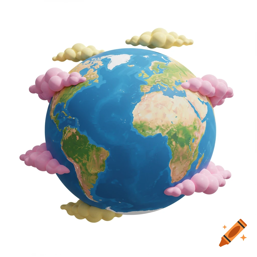 A 3D render of the Earth surrounded by pink and yellow clouds.