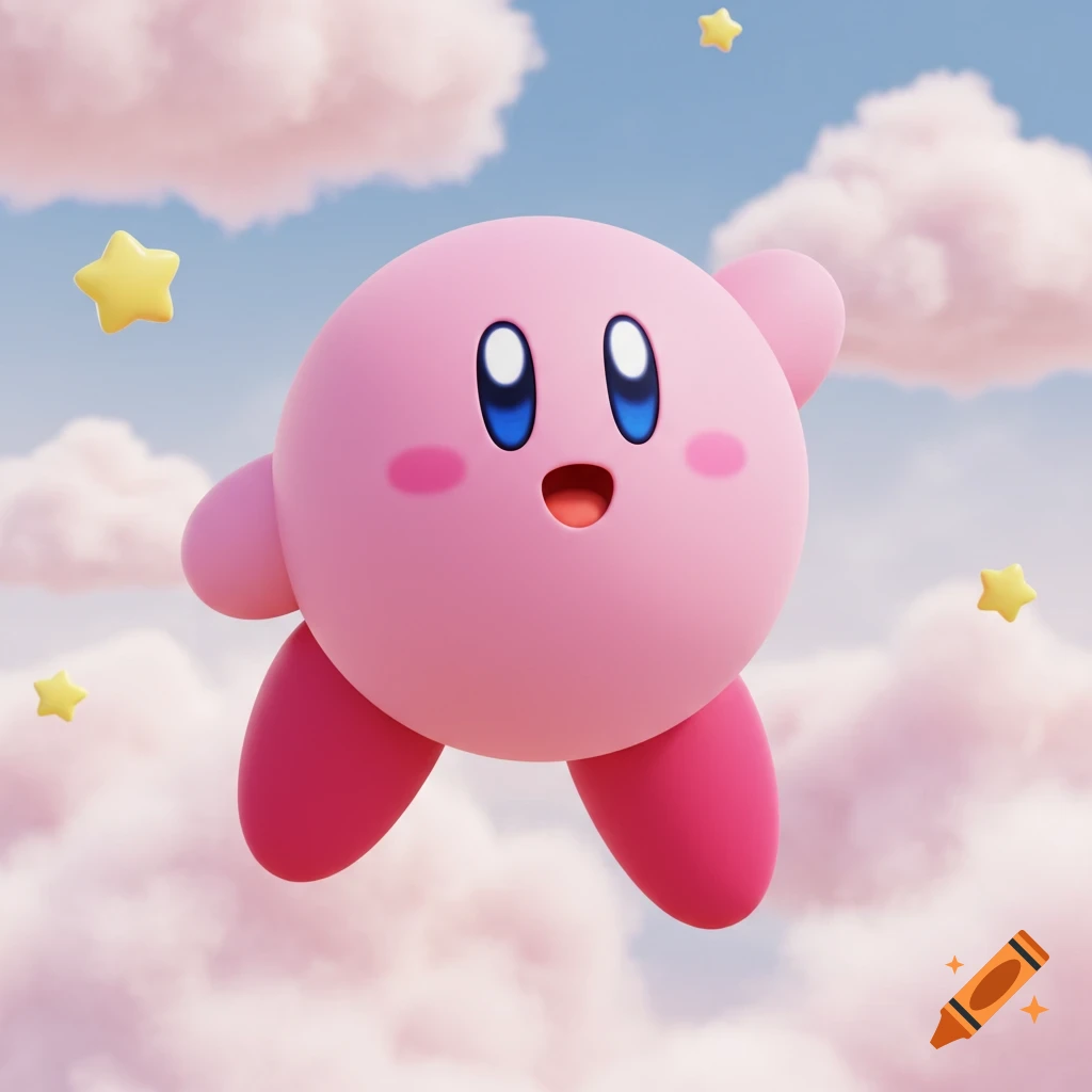 Pink, round Kirby floats among pink clouds with yellow stars in a blue sky.