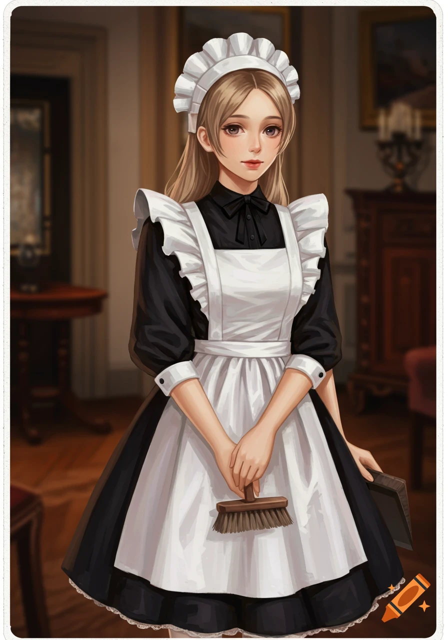 Anime illustration of a woman in a maid uniform holding a broom.