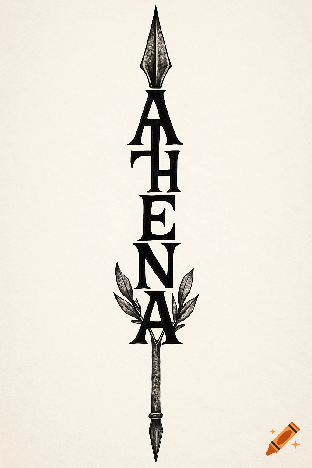 Tattoo design of the name ATHENA formed into a spear with olive branches.