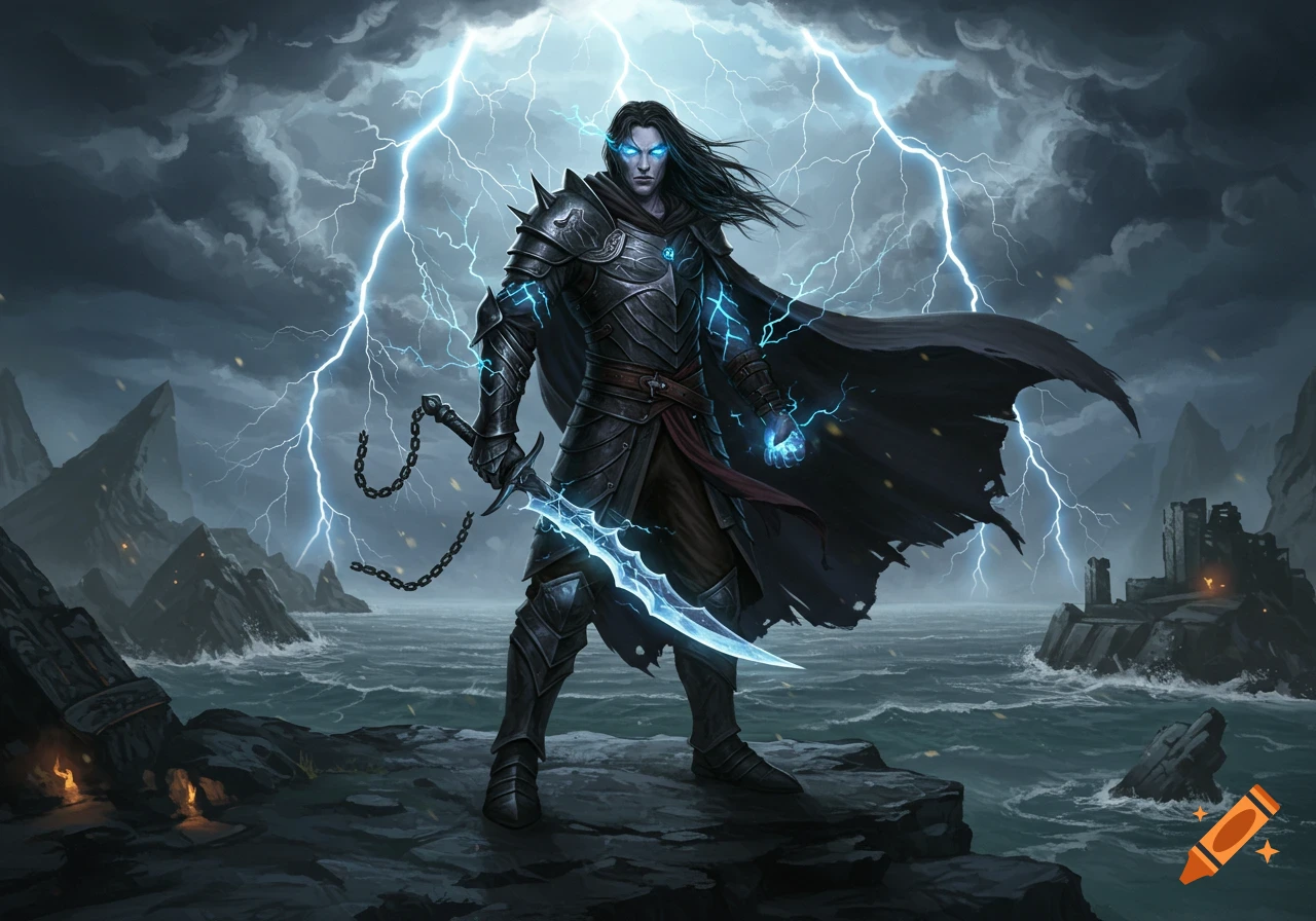 Fantasy figure in dark armor with glowing blue eyes and sword stands on ...
