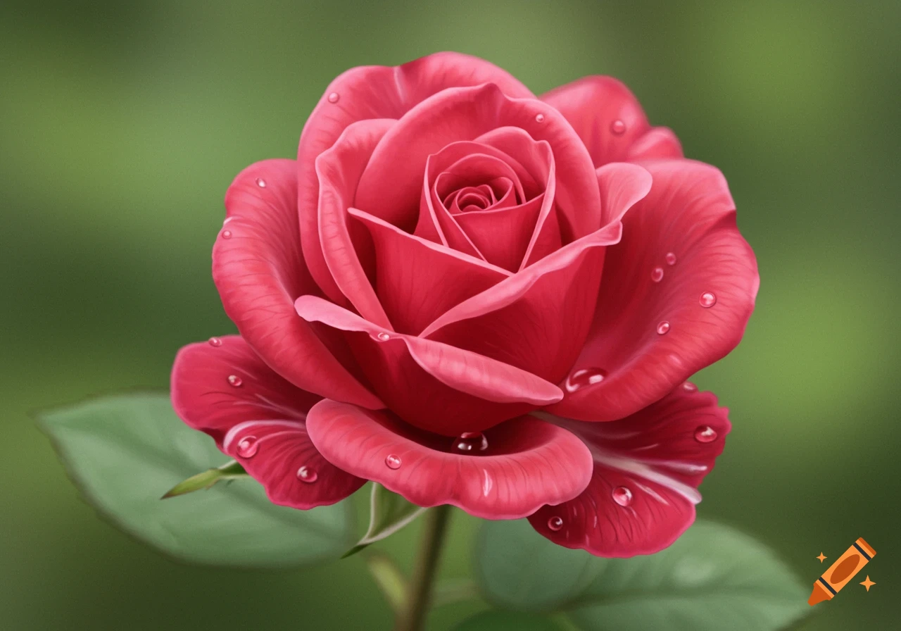 Close-up of a red rose with water droplets on its petals against a blurry green background.