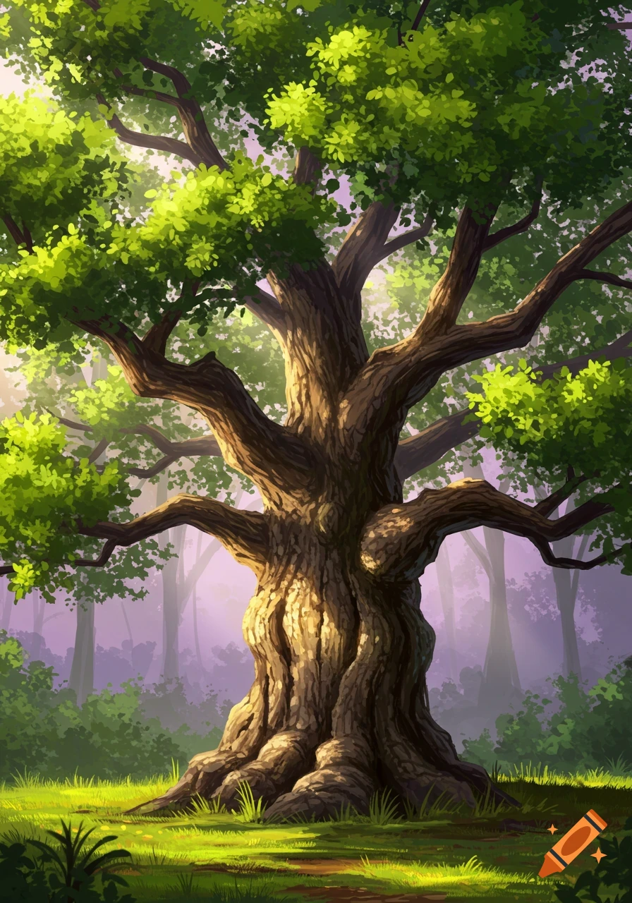 A large, detailed tree with green leaves stands in a forest clearing, illuminated by sunlight.