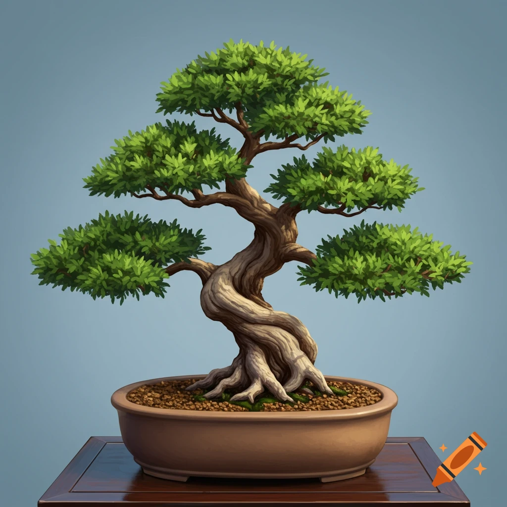 A stylized illustration of a bonsai tree in a pot.