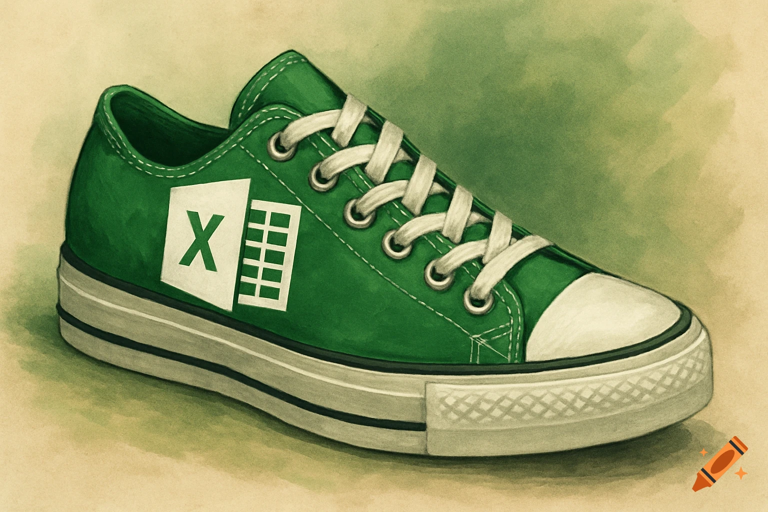 Green canvas shoe with white laces and Microsoft Excel logo, illustration