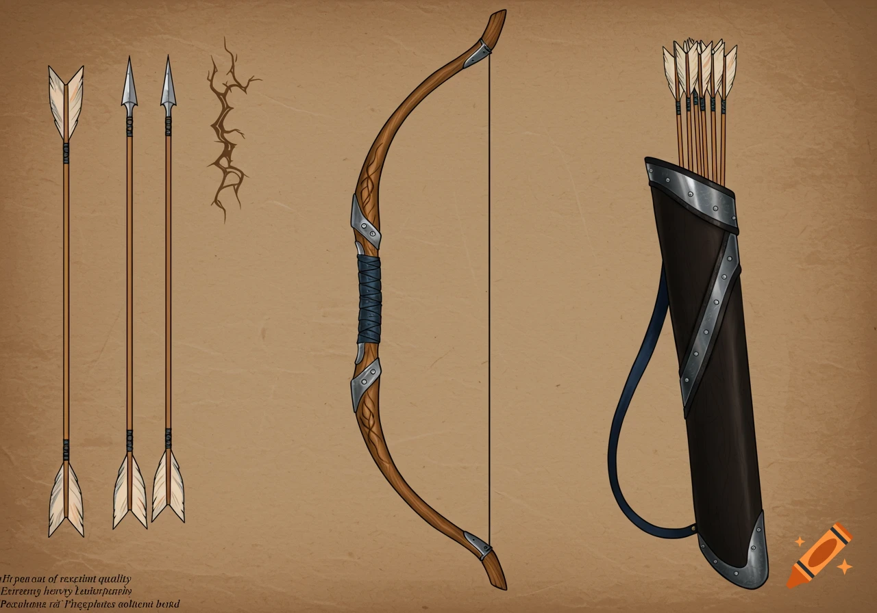 Illustration of fantasy bow, arrows, and quiver on a textured background.