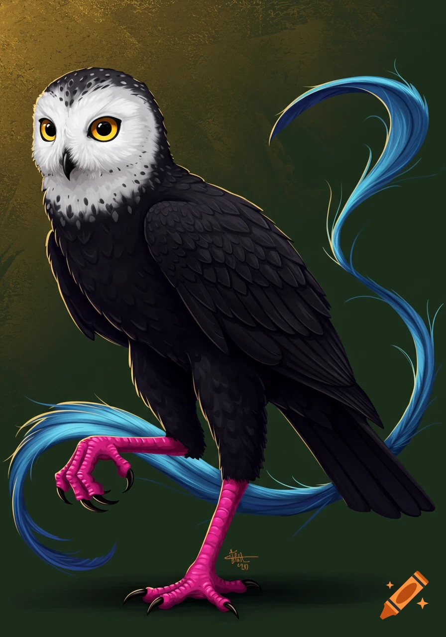 Fantasy creature with a white owl head, black bird body, pink feet, and a blue feathered tail standing on one leg.