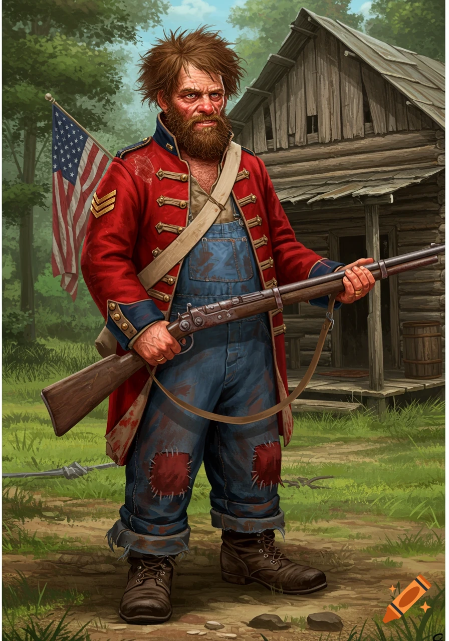 Man in red coat and overalls holding a rifle stands before a log cabin and American flag