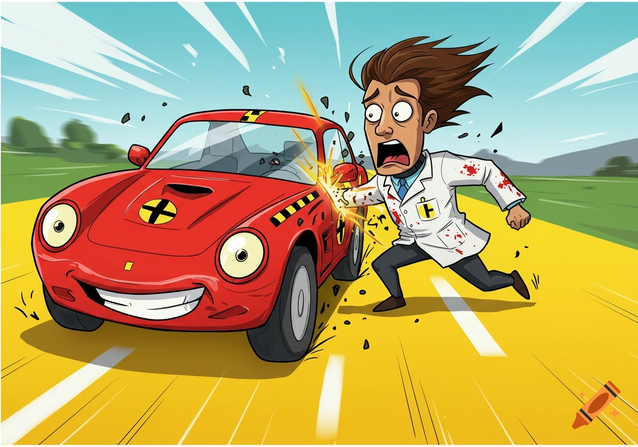 Cartoon red car hitting a crash test dummy on a road