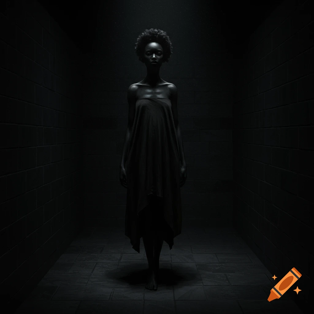 A thin woman draped in dark cloth stands in a dark, tiled room with dramatic lighting.