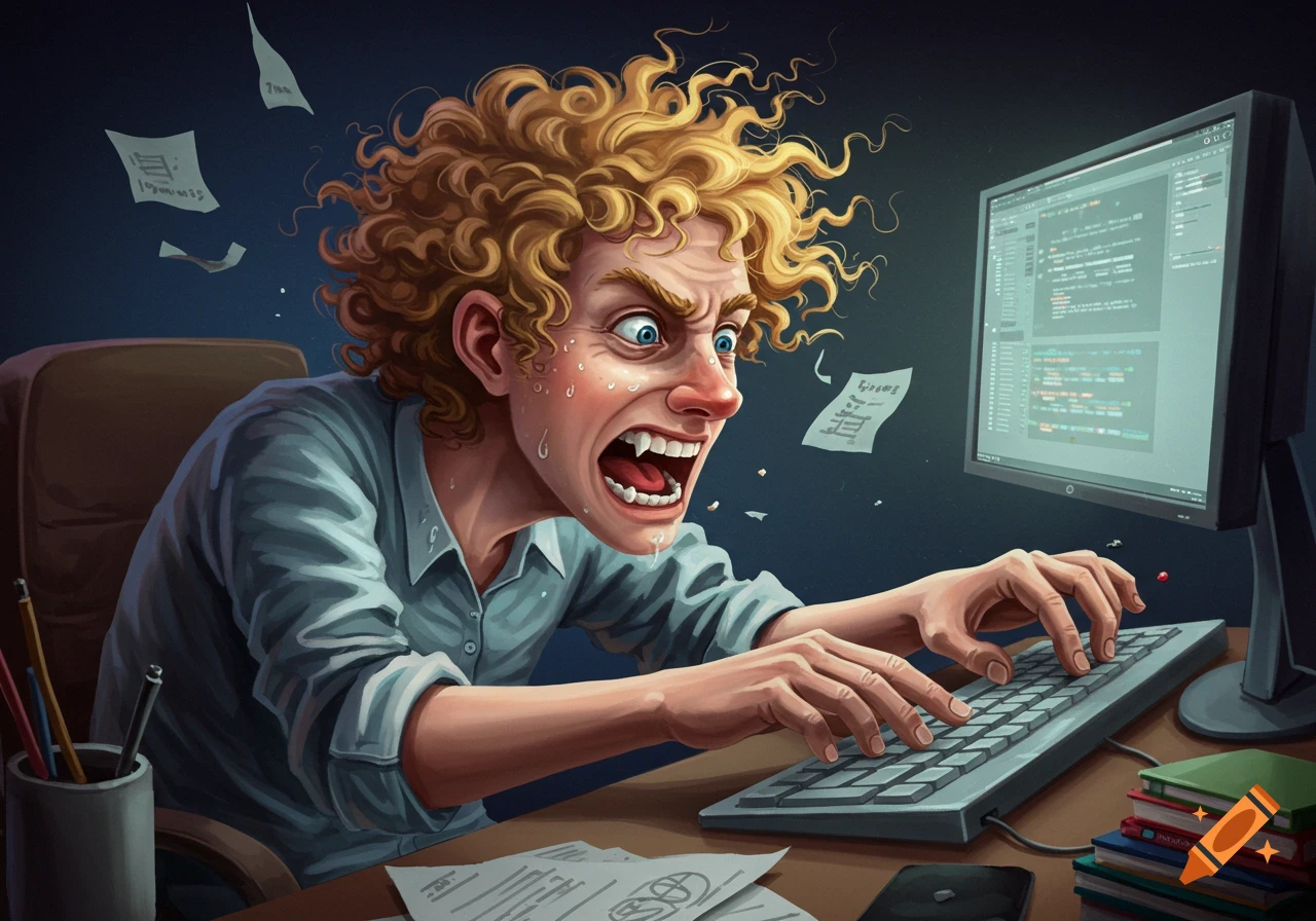 Illustration of a highly stressed person with wild hair frantically typing at a computer keyboard.