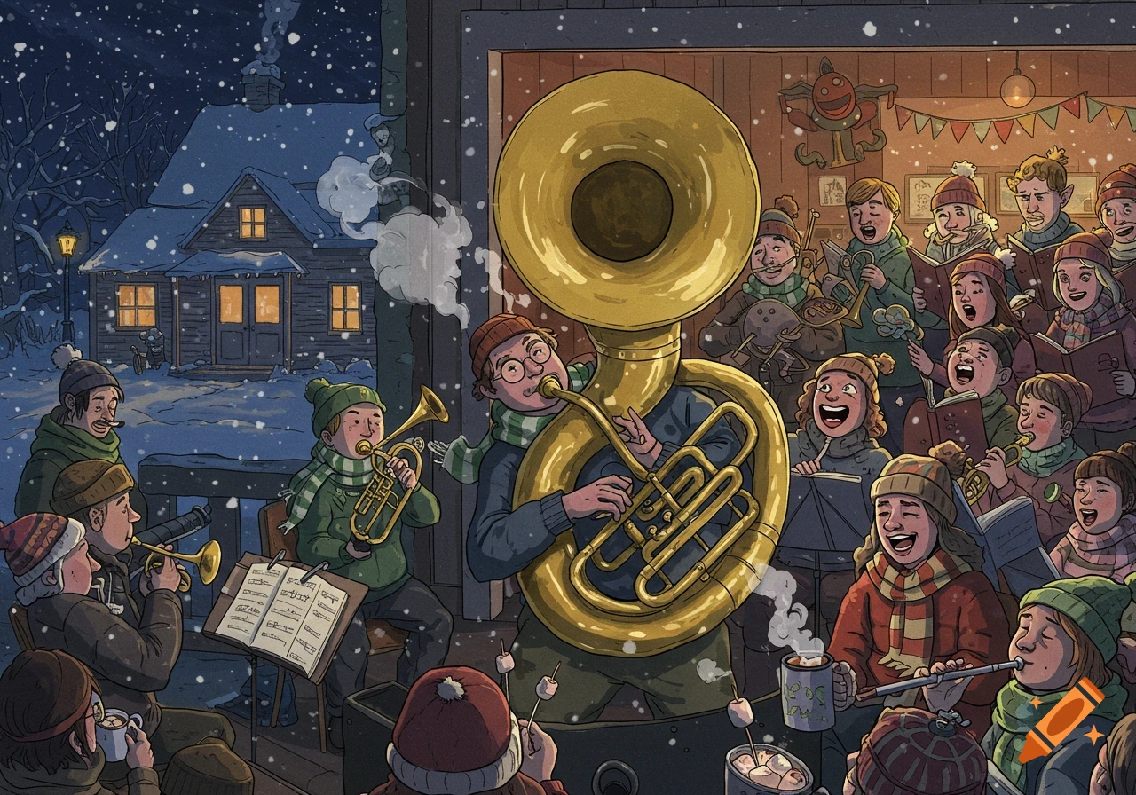 Whimsical winter concert with people playing brass instruments and singing carols in the snow outside a cabin.
