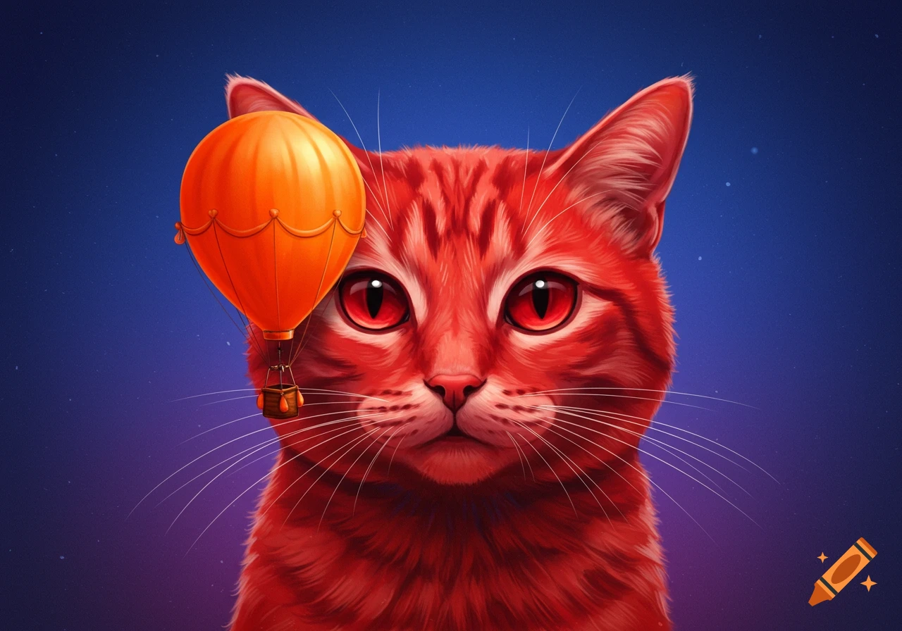 A close-up digital painting of a red cat with glowing red eyes and an orange hot air balloon floating next to its head against a blue starry sky.