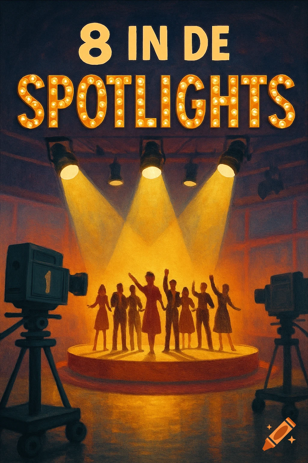 A poster for a musical titled "8 IN DE SPOTLIGHTS" shows performers on a stage under spotlights with vintage TV cameras.