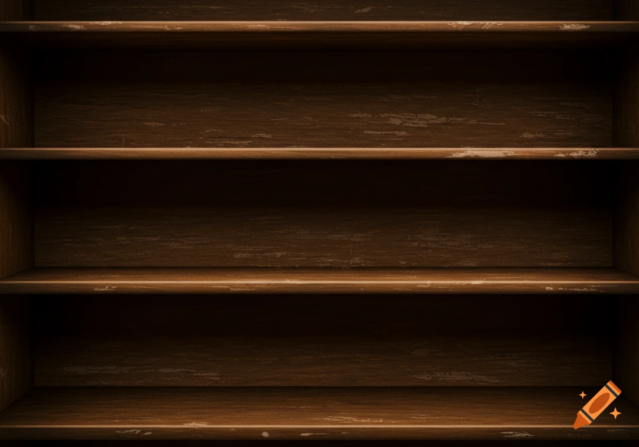 Empty wooden library shelves, close view