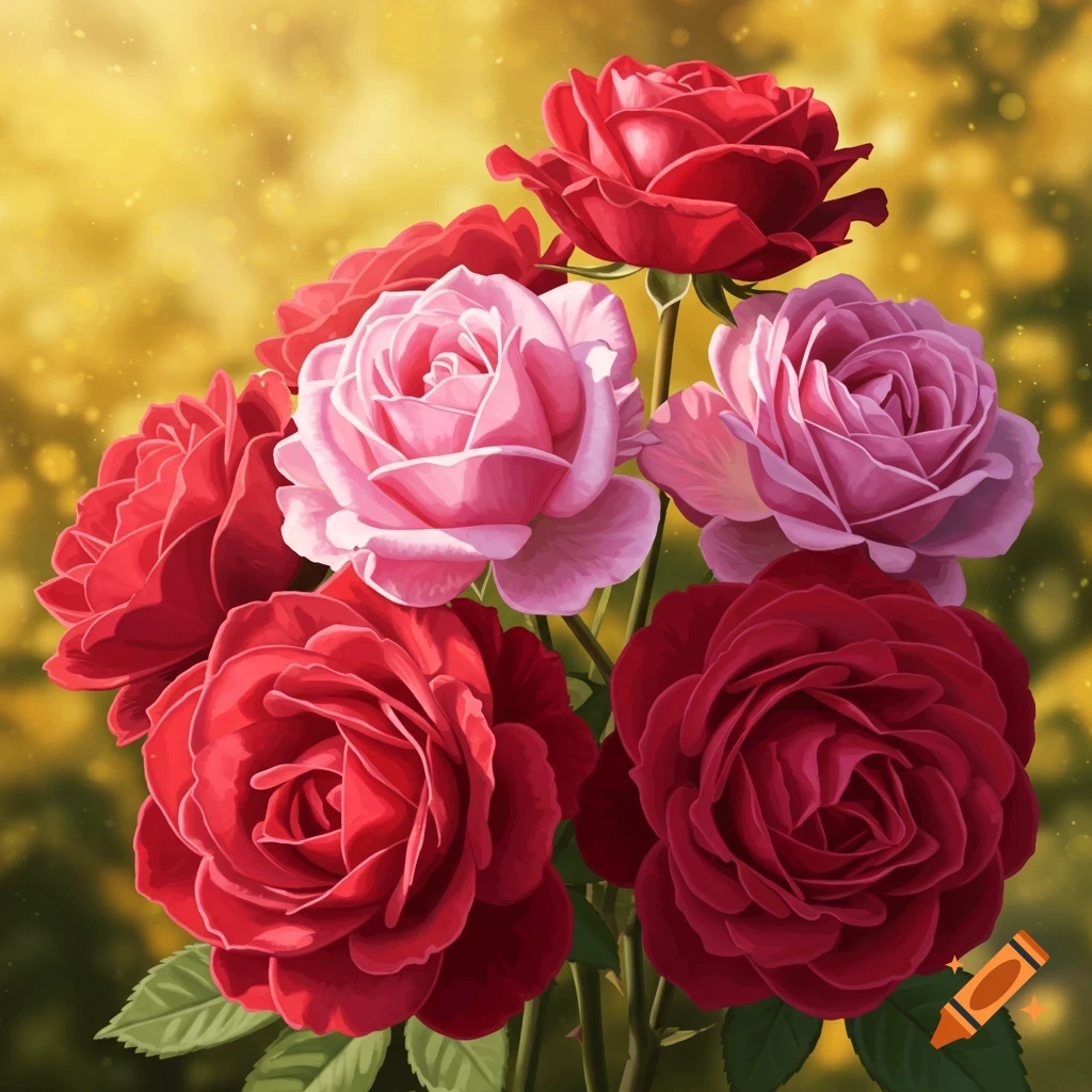 A vibrant bouquet of red and pink roses with a glowing golden background.