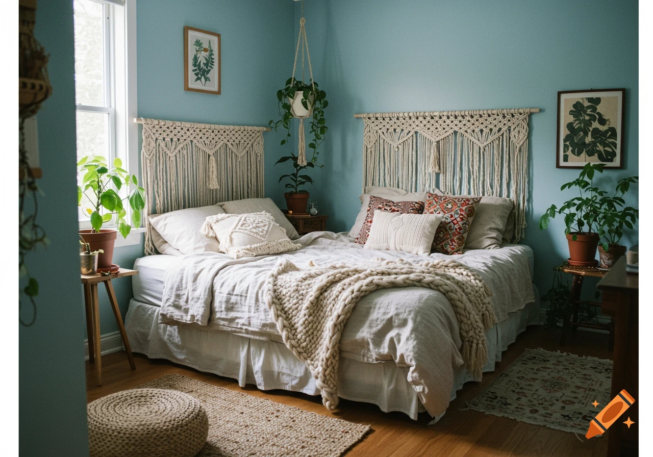 A photo of a boho bedroom with a king size bed, light blue walls, window, and plants.