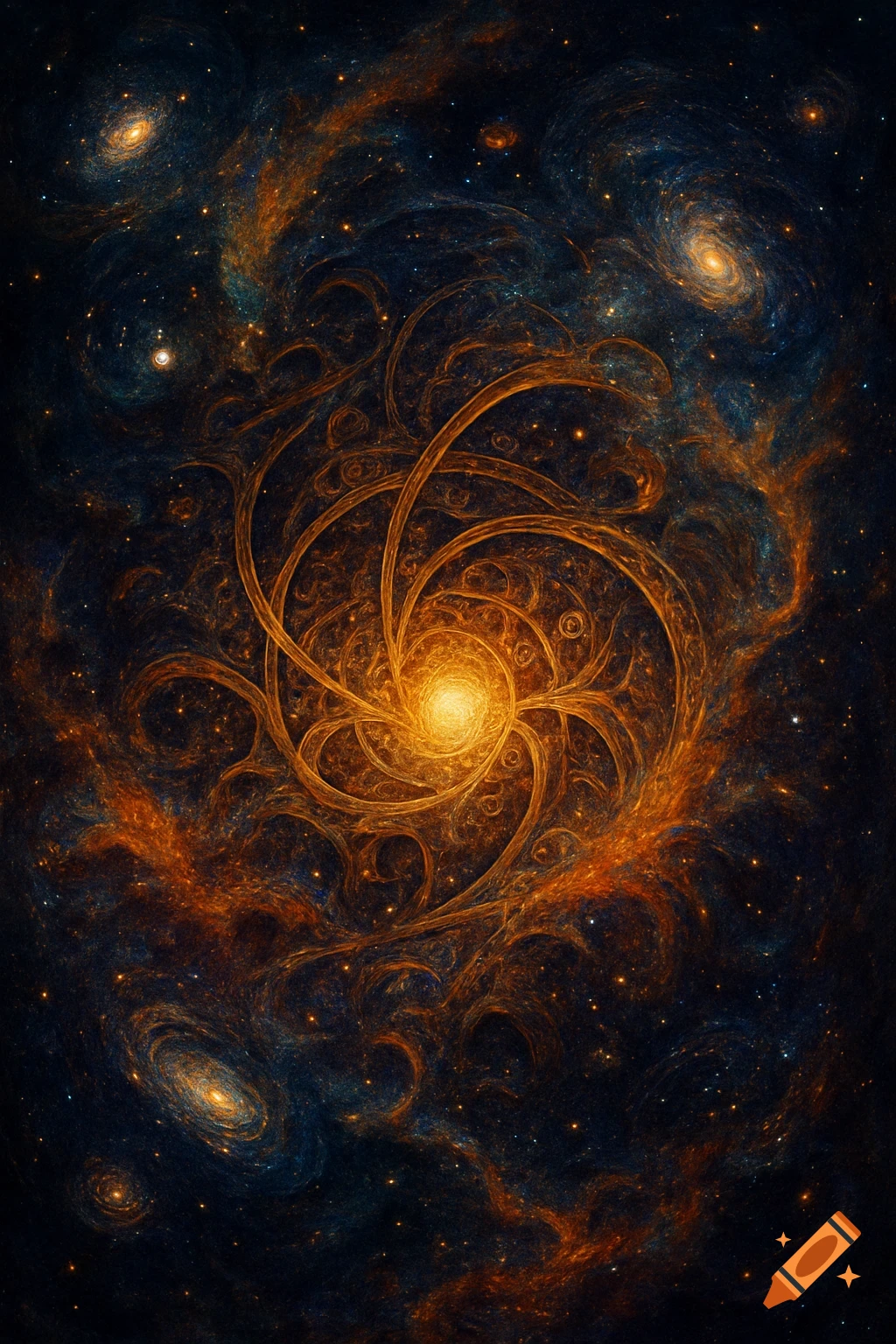 Abstract swirling golden cosmic energy in a starry dark blue space