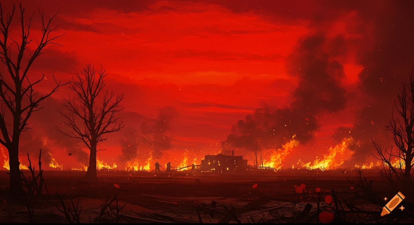 Apocalyptic landscape with fires burning around a building under a ...