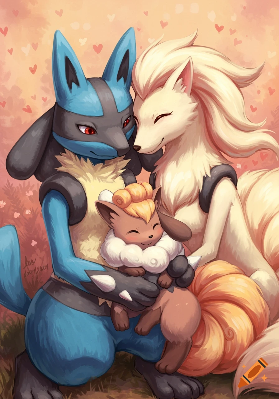 Illustration of Lucario and Ninetales embracing their baby, a Vulpix and Riolu fusion, in an anime style.