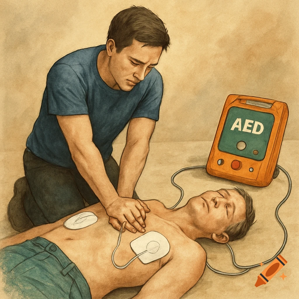 Illustration of person performing CPR with AED