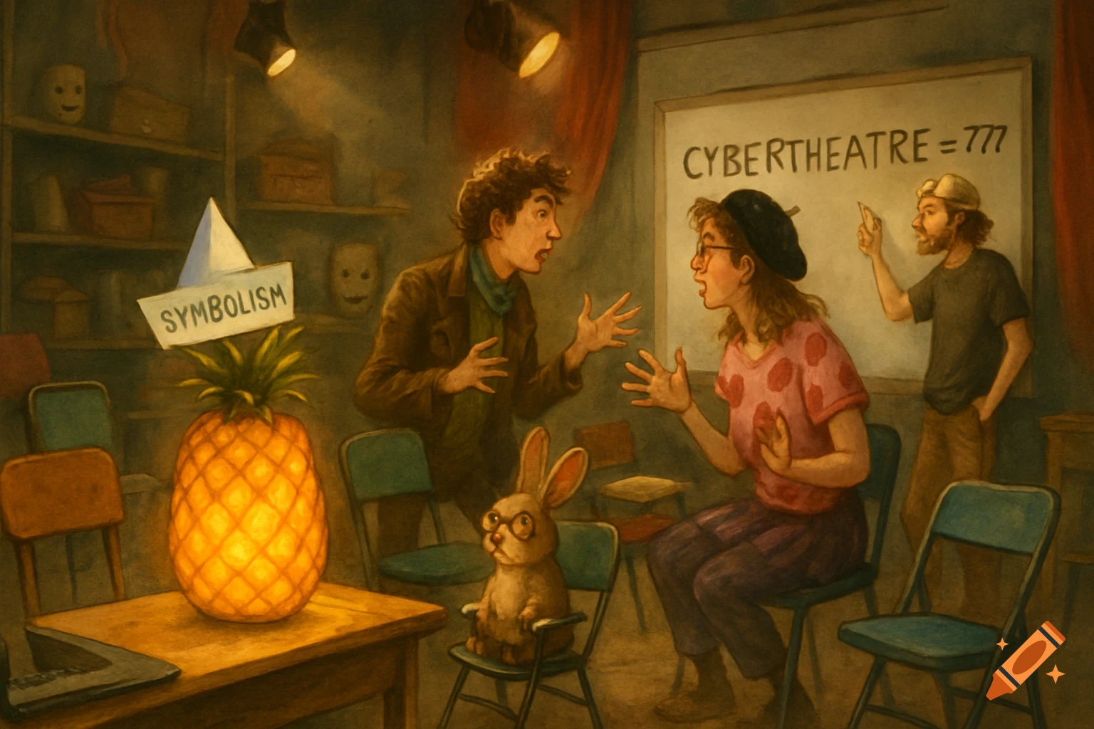 Surreal classroom illustration with people arguing, a rabbit, glowing pineapple labeled 'SYMBOLISM', and a whiteboard.