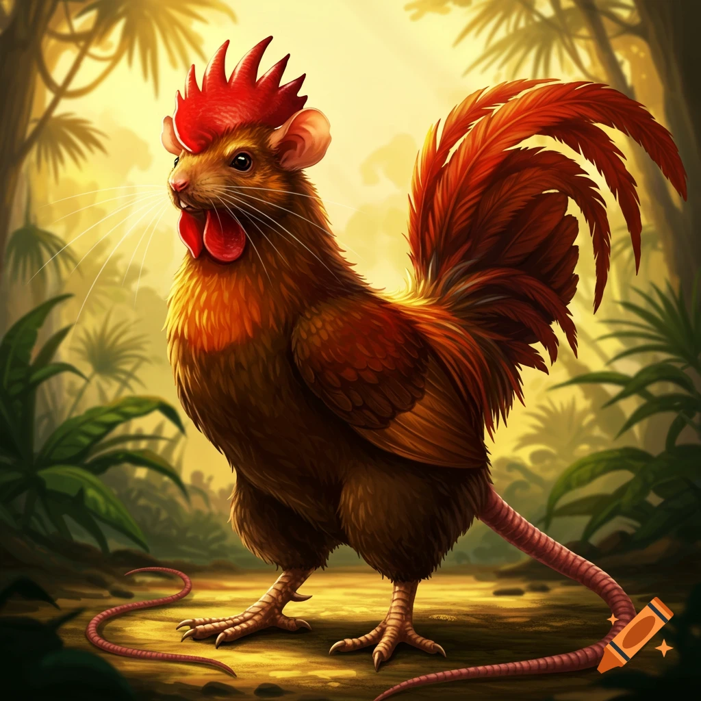 A detailed illustration of a hybrid creature with a rat's head and tail and a rooster's body, standing in a warm, sunlit jungle.