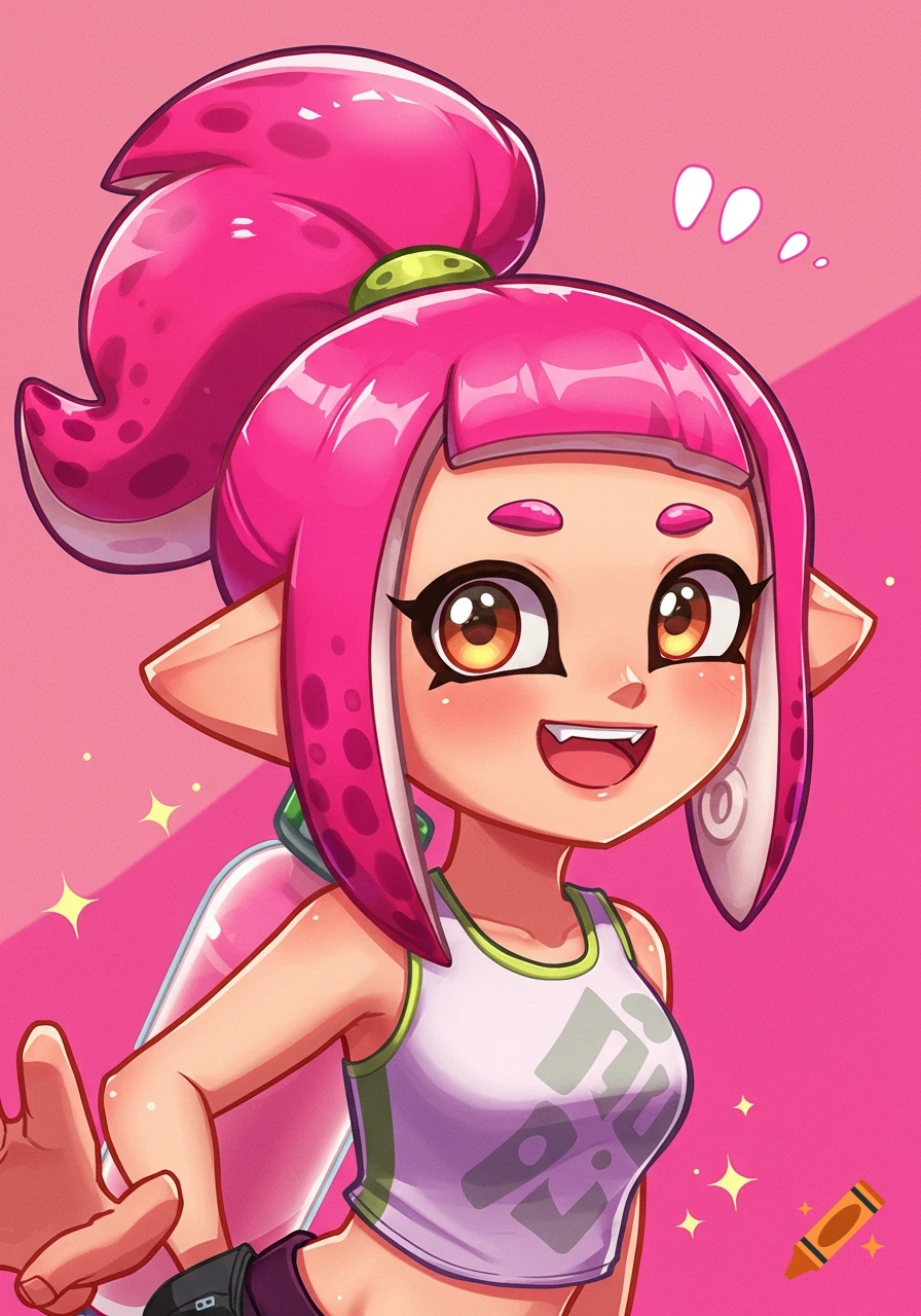 Anime portrait of a character with pink hair and brown eyes, smiling and posing.