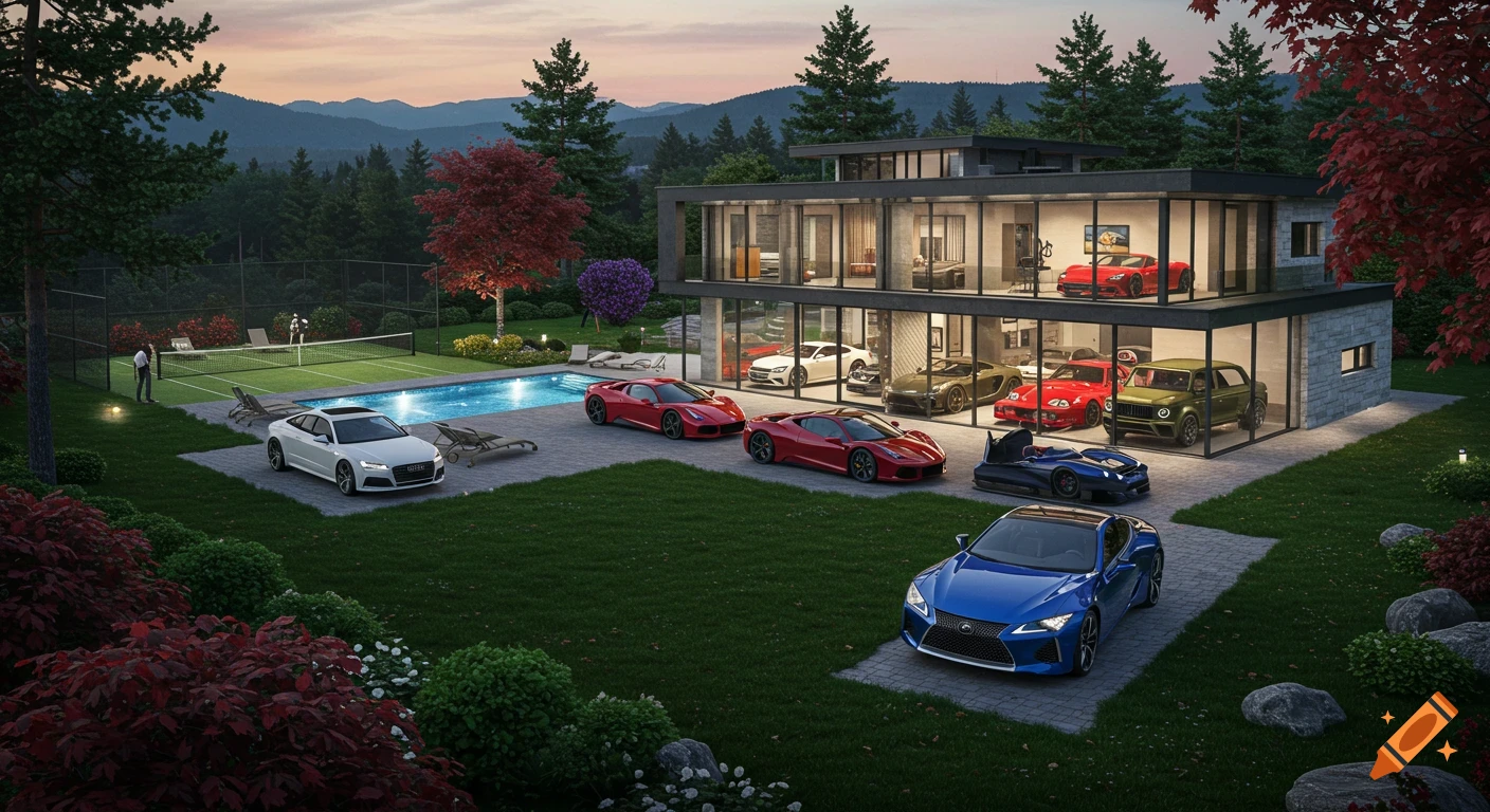 Photorealistic view of a modern mansion with a glass garage full of luxury cars, a pool, tennis court, and landscaping in a mountain setting at dusk.