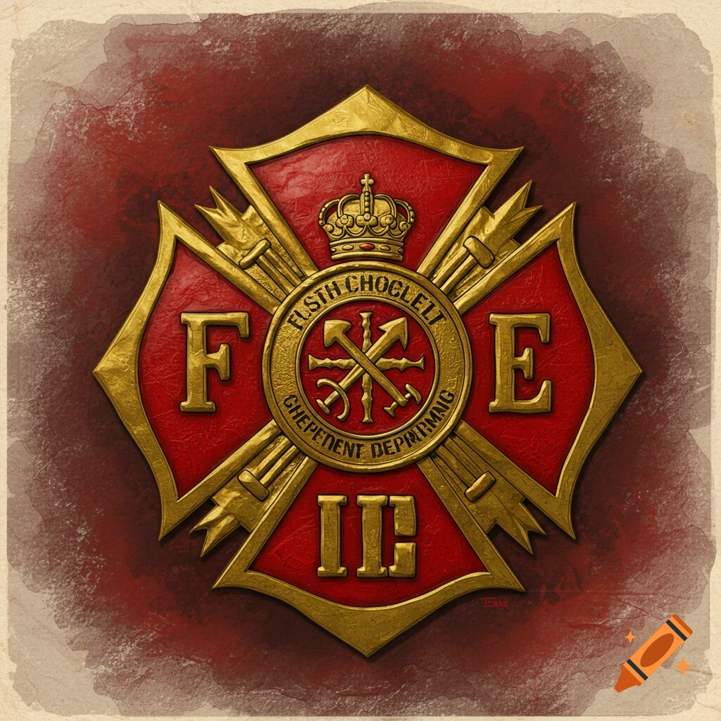 Red and gold stylized Maltese cross badge with text and symbols on a textured background.