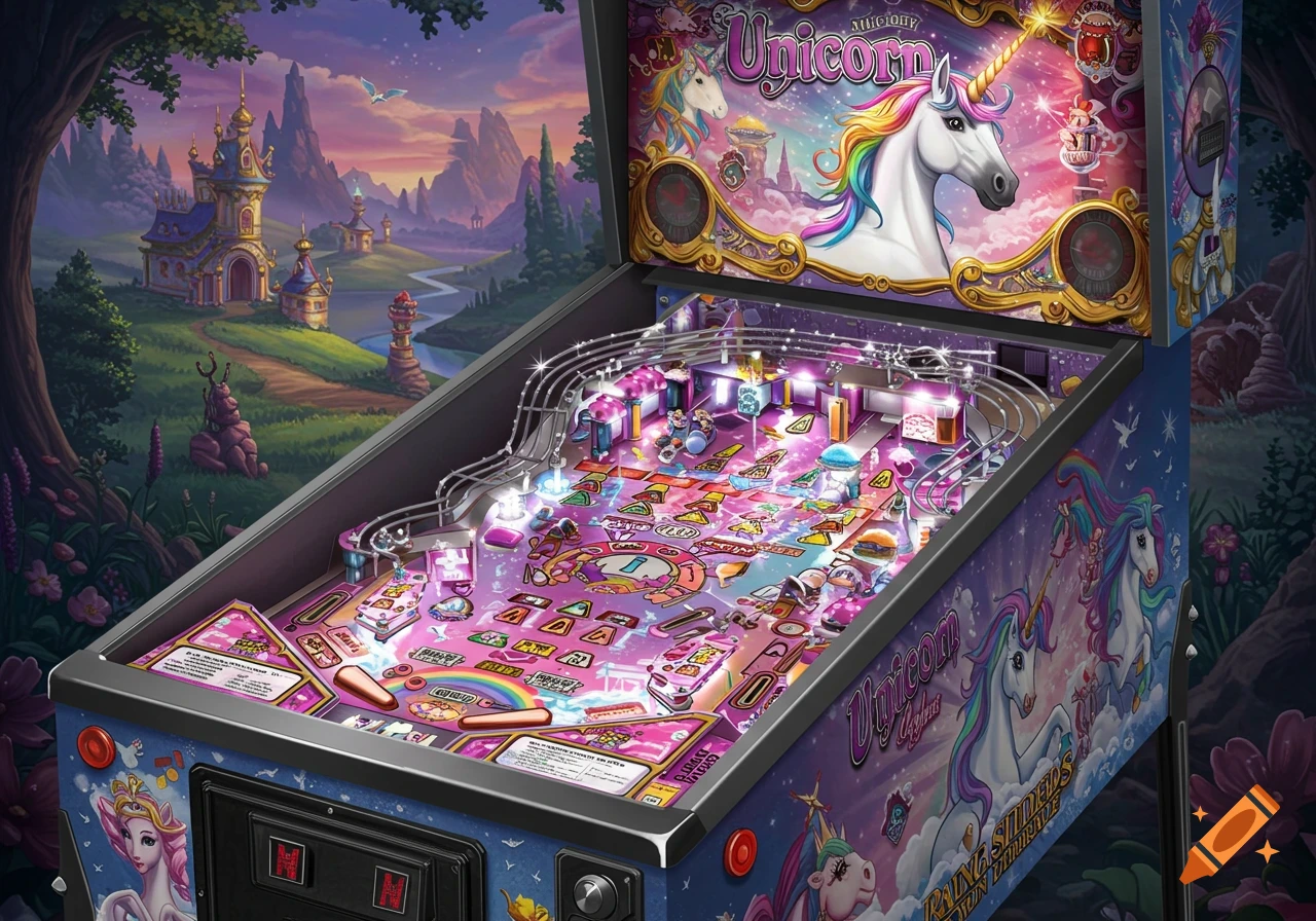 A fantasy landscape with a unicorn-themed pinball machine featuring bright lights and unicorns.
