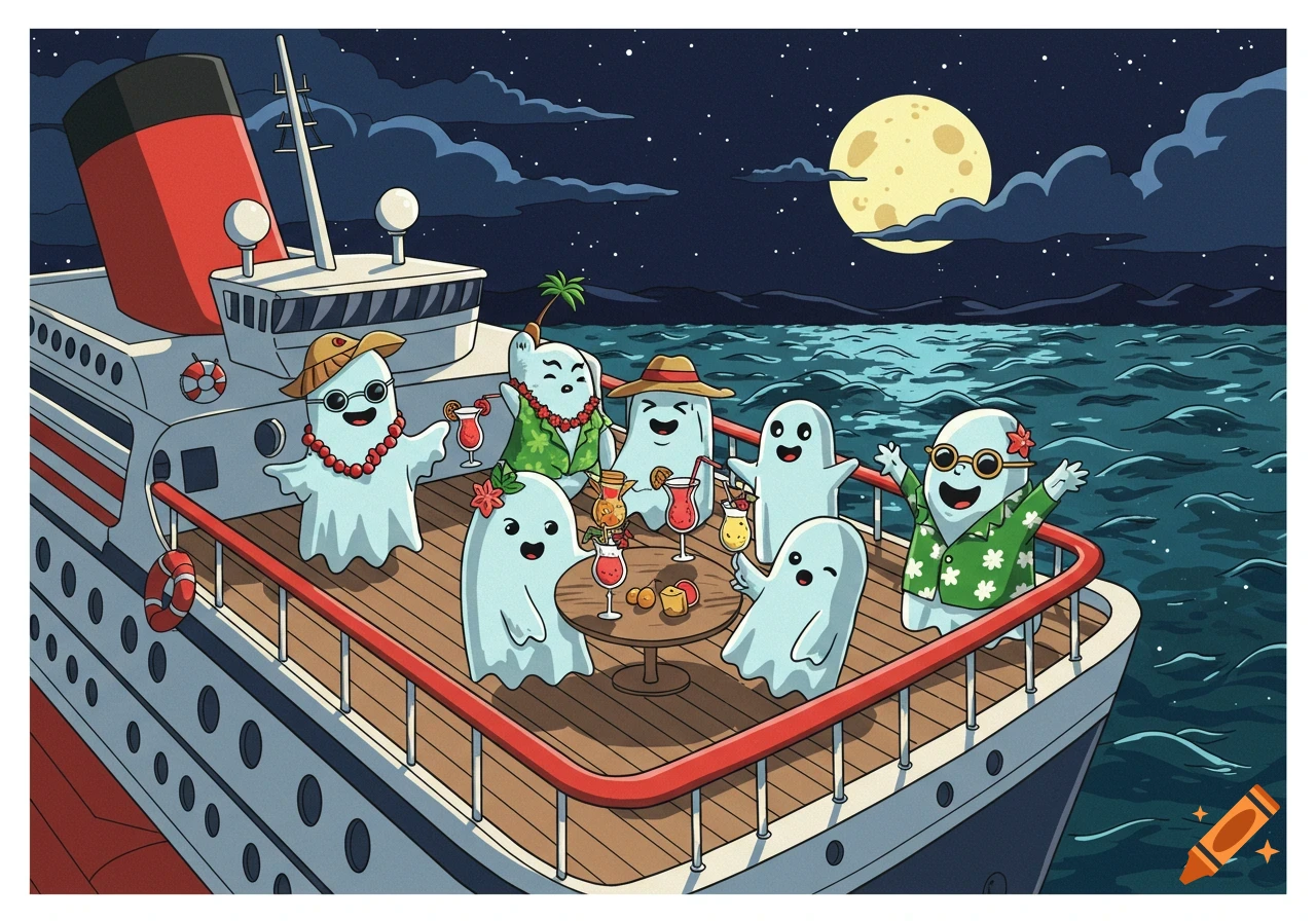 Cartoon ghosts drink cocktails on a cruise ship deck at night.