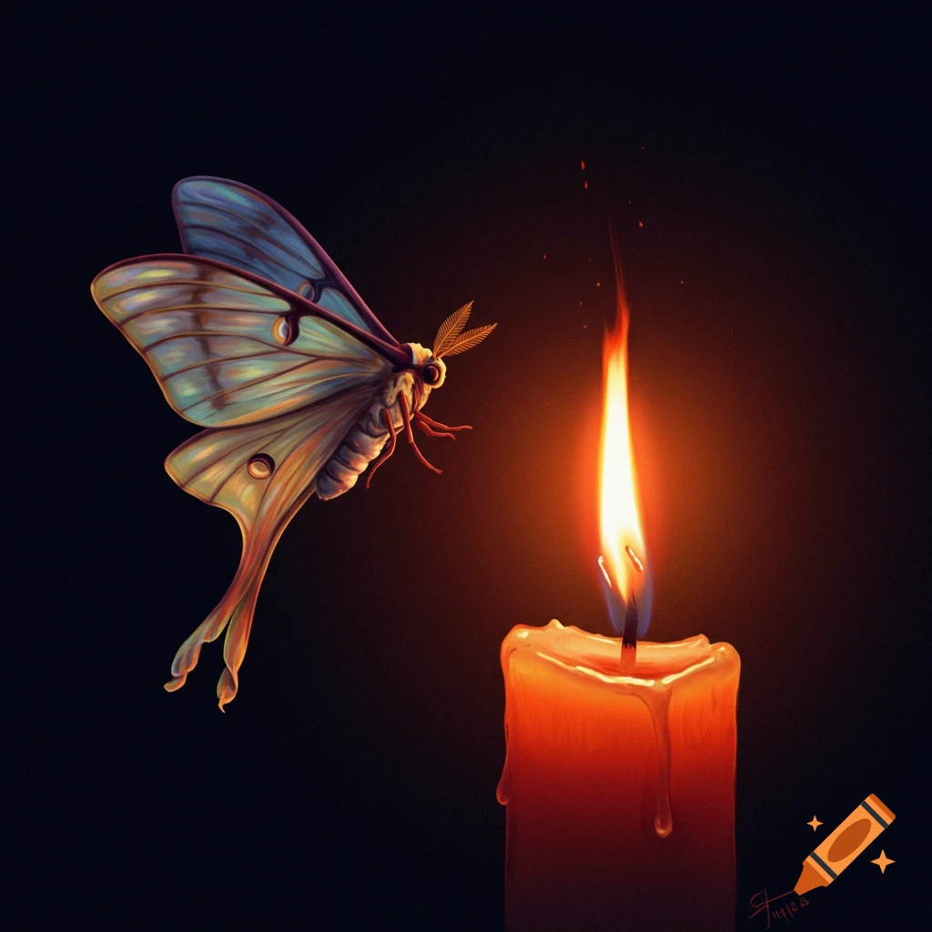 A stylized illustration of a moth flying towards the flame of a candle in a dark room.