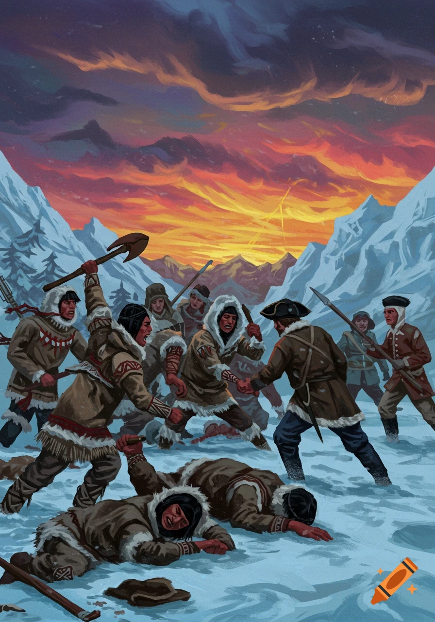 Painting of a historical battle in the snow between indigenous people and soldiers during sunset.