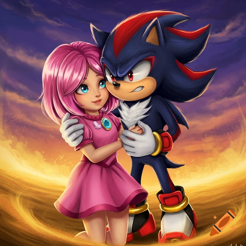 A human girl with pink hair embraces Shadow the Hedgehog in a golden desert at sunset.
