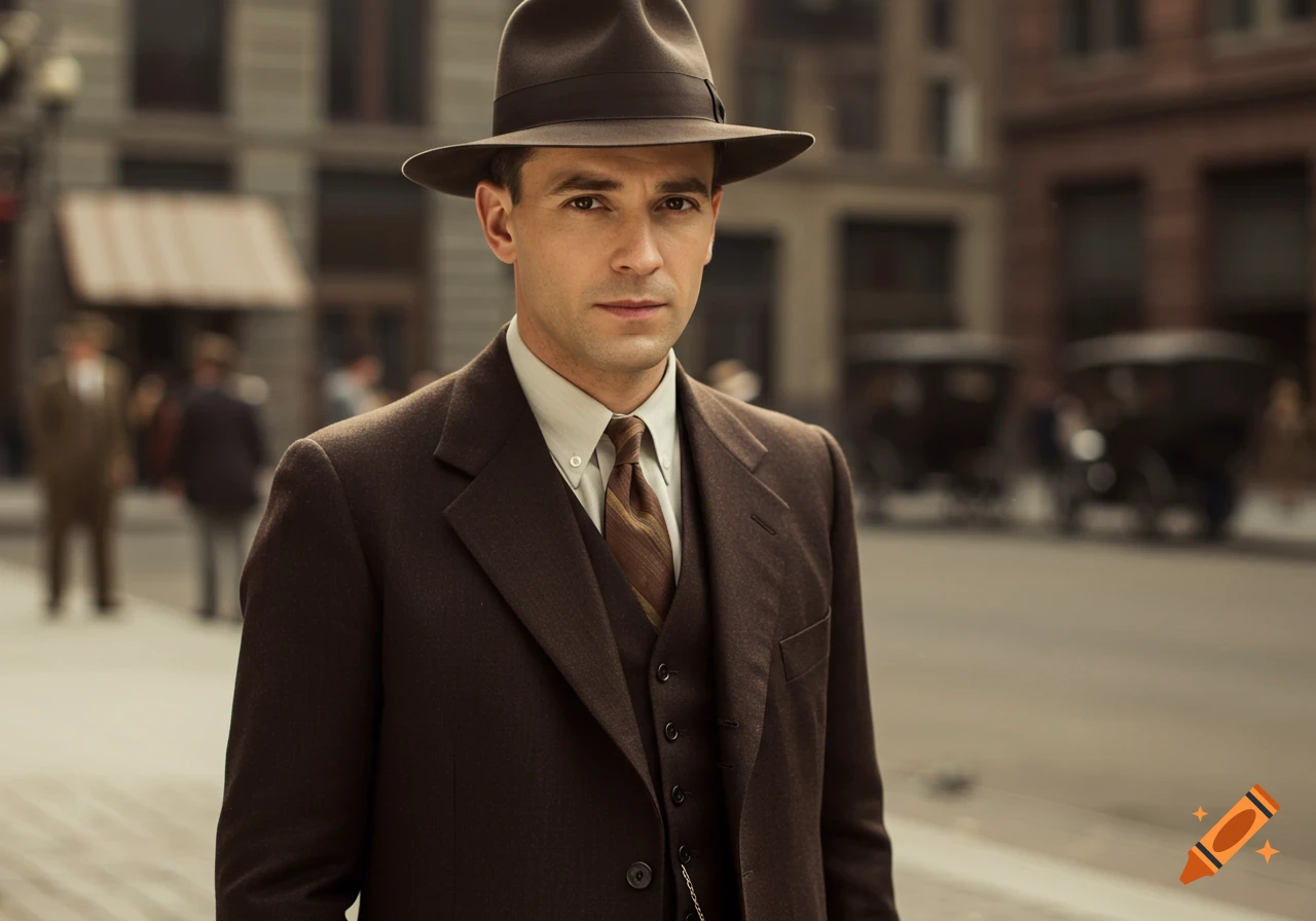 A man in a brown suit and hat stands on a 1920s city street.