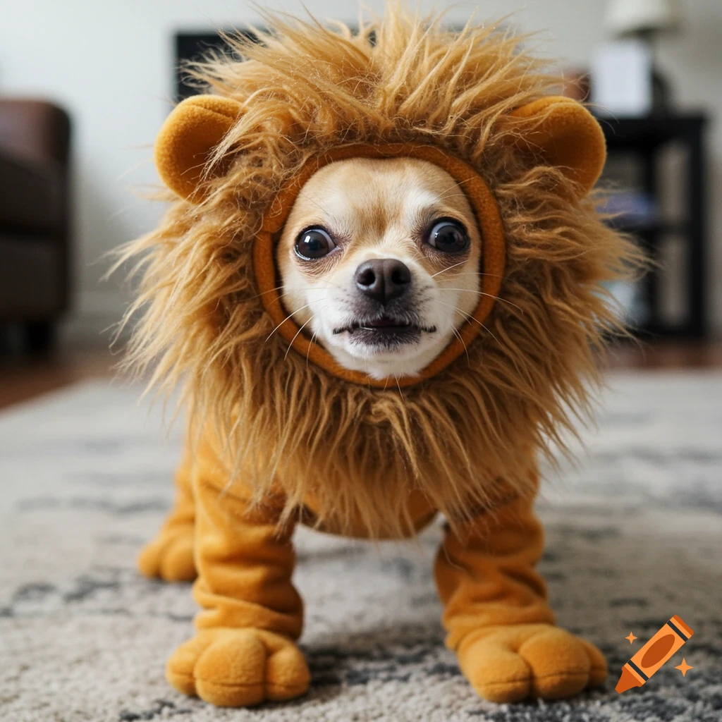 A chihuahua wearing a lion costume stands on a rug, looking alert.