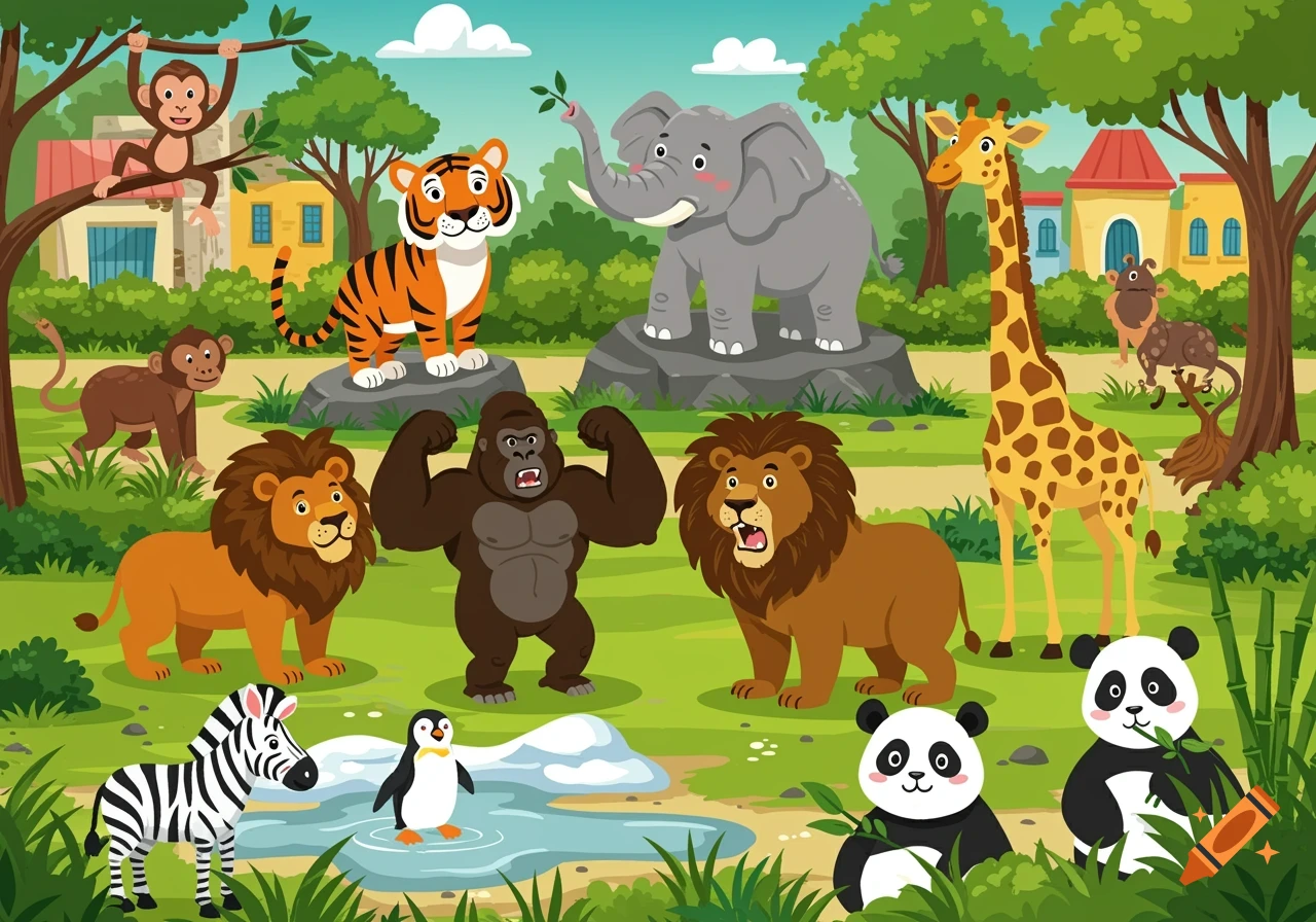 Cartoon illustration of various zoo animals including a monkey, tiger, elephant, giraffe, lions, gorilla, penguin, zebra, and pandas in a jungle setting.
