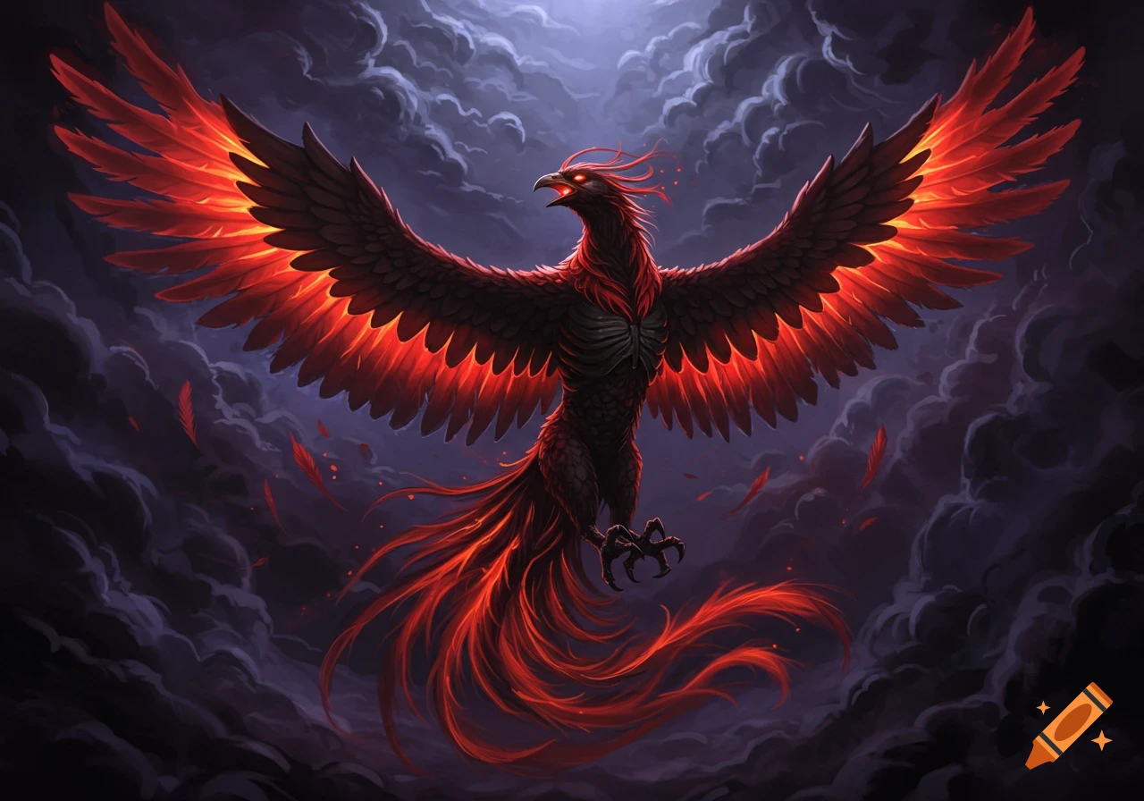 Dark fantasy illustration of a phoenix with fiery wings rising from clouds