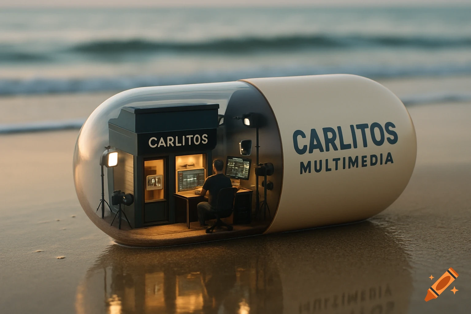 A miniature office inside a giant pill on a sandy beach at sunset, with 'Carlitos Multimedia' written on the side.
