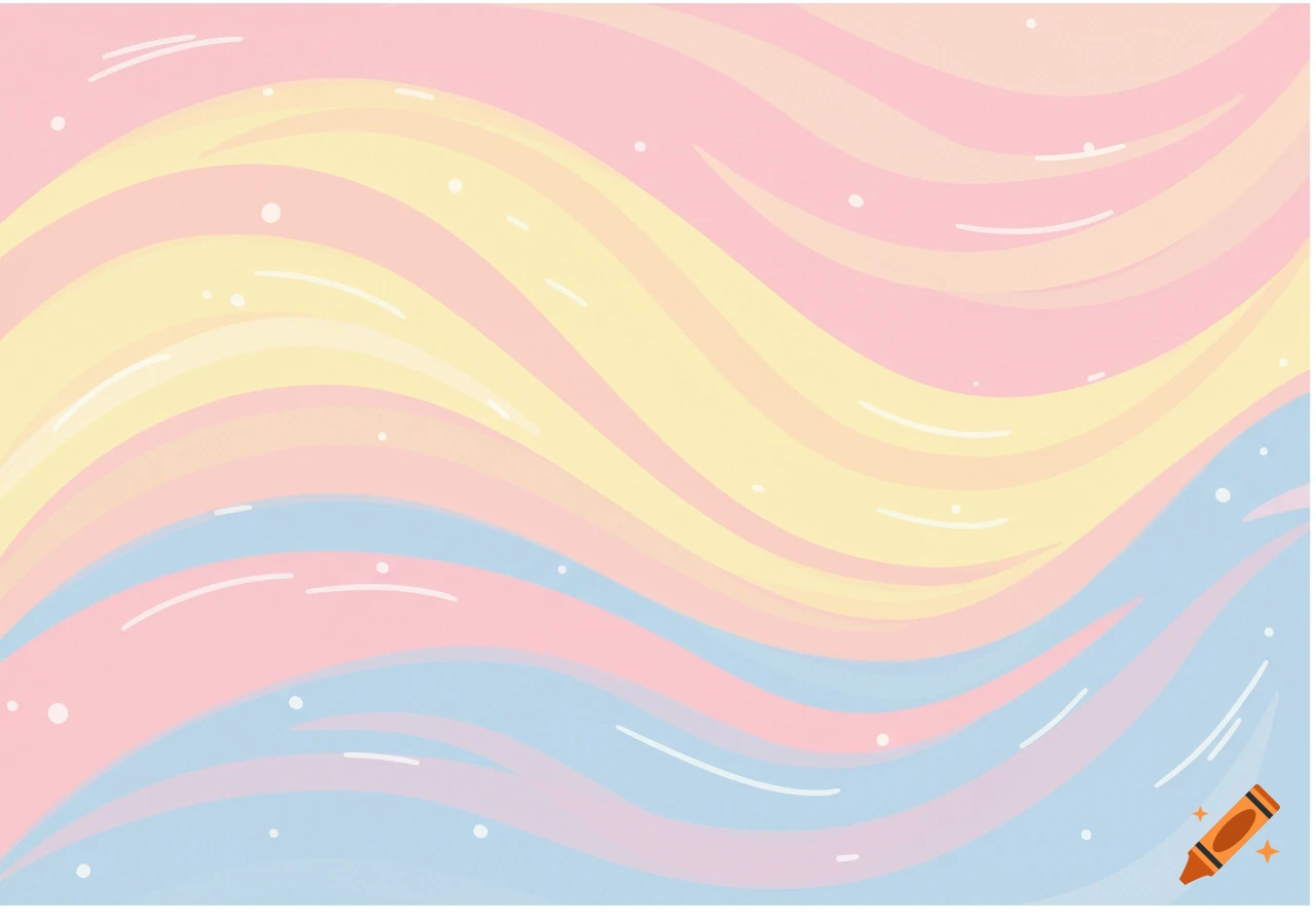 Abstract background with pastel pink, yellow, and blue wavy lines and dots.