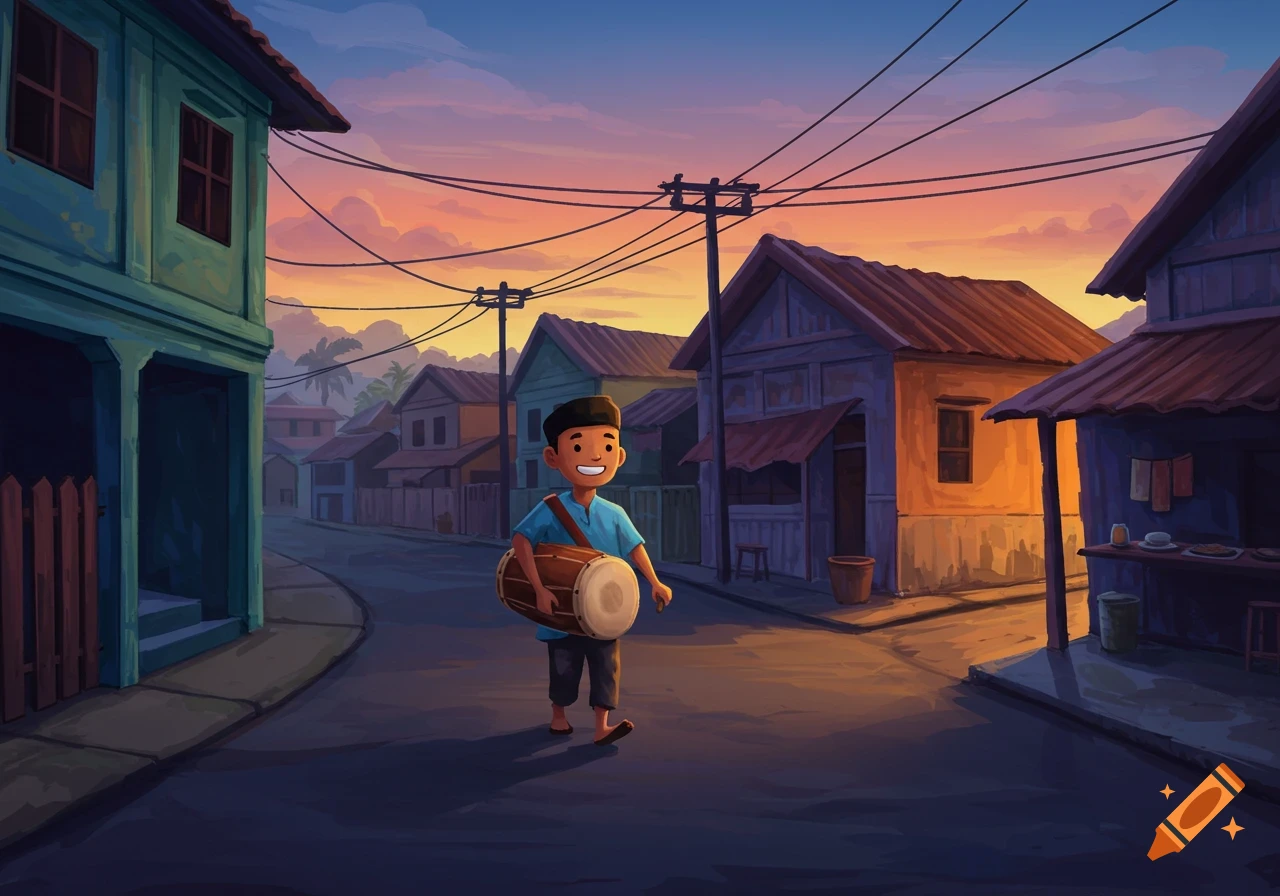An illustration of a boy walking down a village street at sunset carrying a drum.