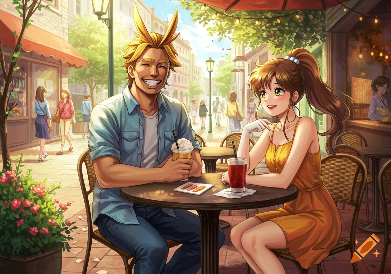 Anime characters resembling Young All Might and Sailor Jupiter on a date at an outdoor cafe.