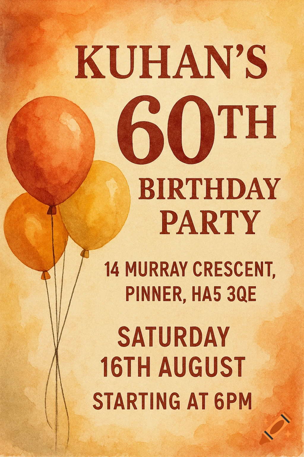 Watercolor birthday invitation with balloons for Kuhan's 60th party.
