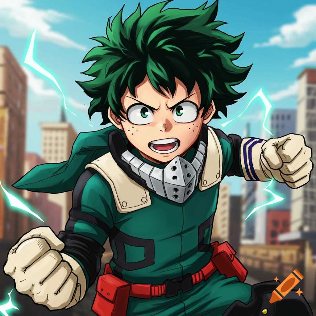 Anime illustration of Izuku Midoriya (Deku) from My Hero Academia in his hero costume, with green hair and lightning effects, against a city background.