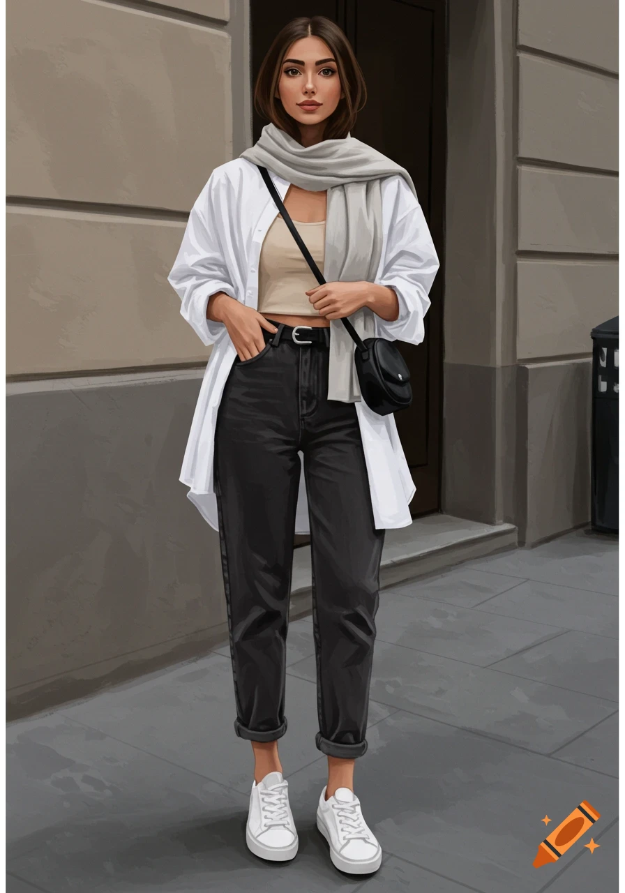 Illustration of a woman in a white shirt, beige crop top, black jeans, and white sneakers with a gray scarf and black bag.